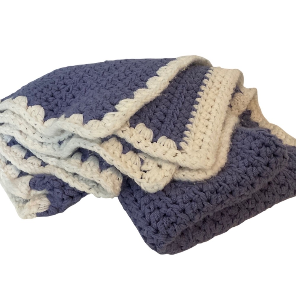 Handmade Crochet Throw Blanket‎ Periwinkle Blue Cream Scalloped Edge 42x48